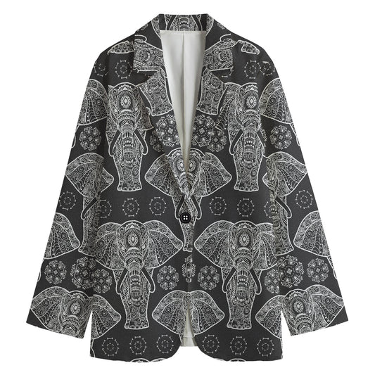 Black And White Boho Elephant Print Women's Blazer