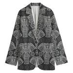 Black And White Boho Elephant Print Women's Blazer