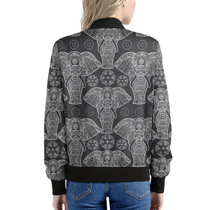 Black And White Boho Elephant Print Women's Bomber Jacket