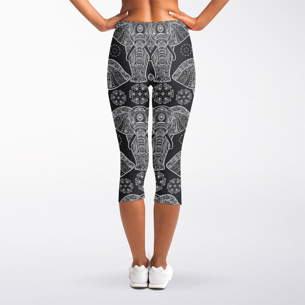 Black And White Boho Elephant Print Women's Capri Leggings