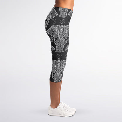 Black And White Boho Elephant Print Women's Capri Leggings