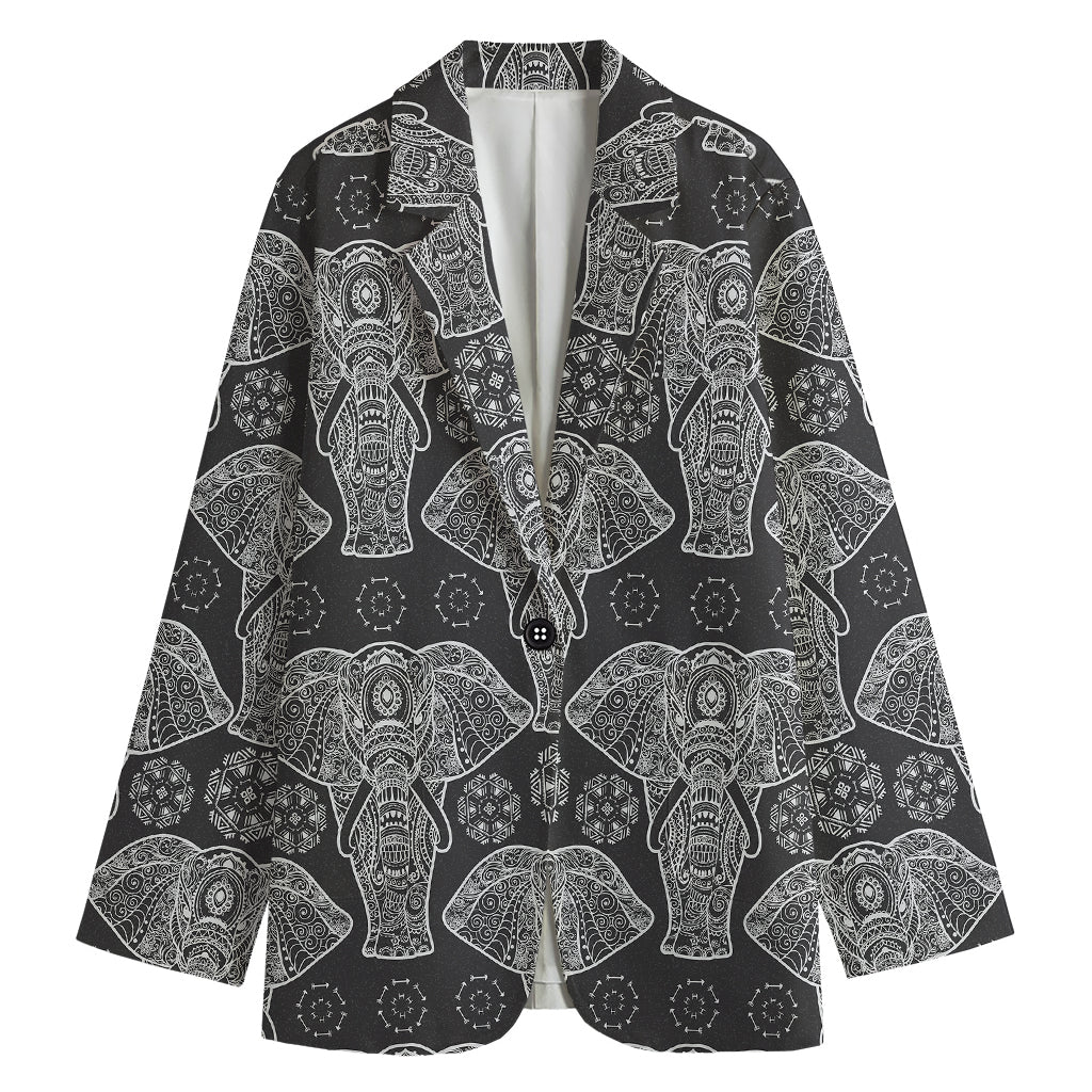 Black And White Boho Elephant Print Women's Cotton Blazer