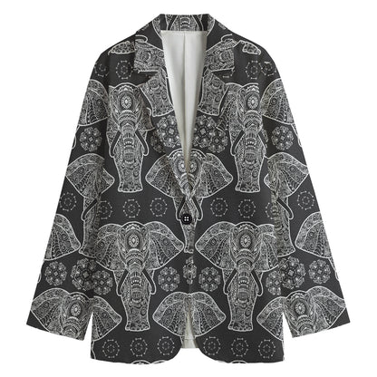 Black And White Boho Elephant Print Women's Cotton Blazer