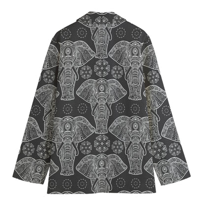Black And White Boho Elephant Print Women's Cotton Blazer