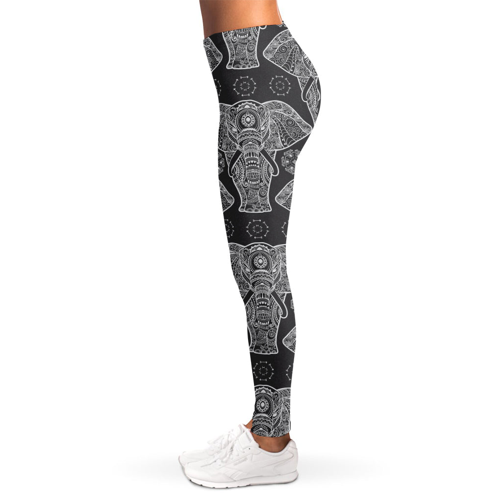 Black And White Boho Elephant Print Women's Leggings