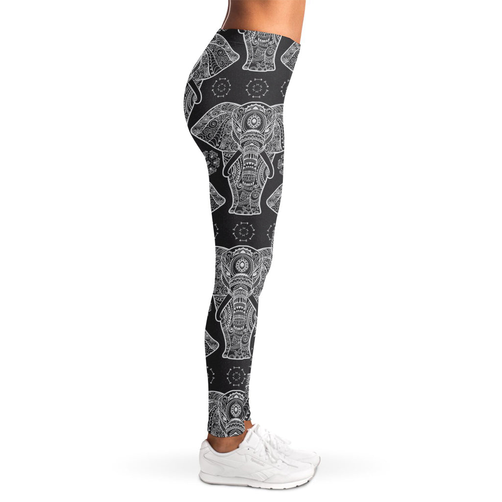 Black And White Boho Elephant Print Women's Leggings