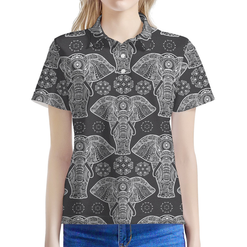 Black And White Boho Elephant Print Women's Polo Shirt