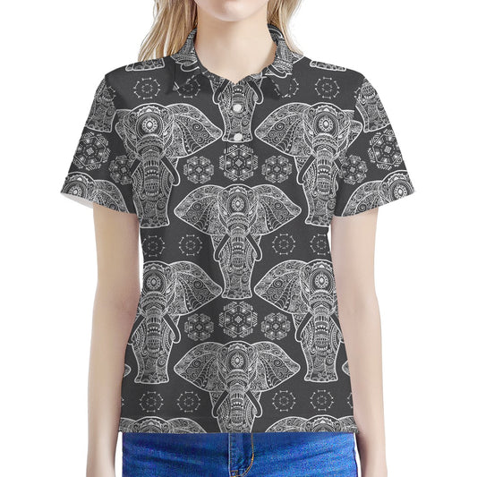 Black And White Boho Elephant Print Women's Polo Shirt