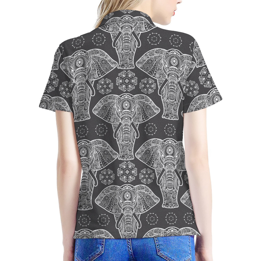 Black And White Boho Elephant Print Women's Polo Shirt