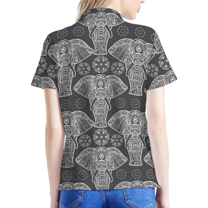 Black And White Boho Elephant Print Women's Polo Shirt