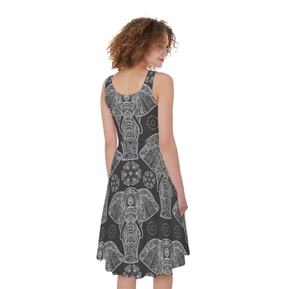 Black And White Boho Elephant Print Women's Sleeveless Dress