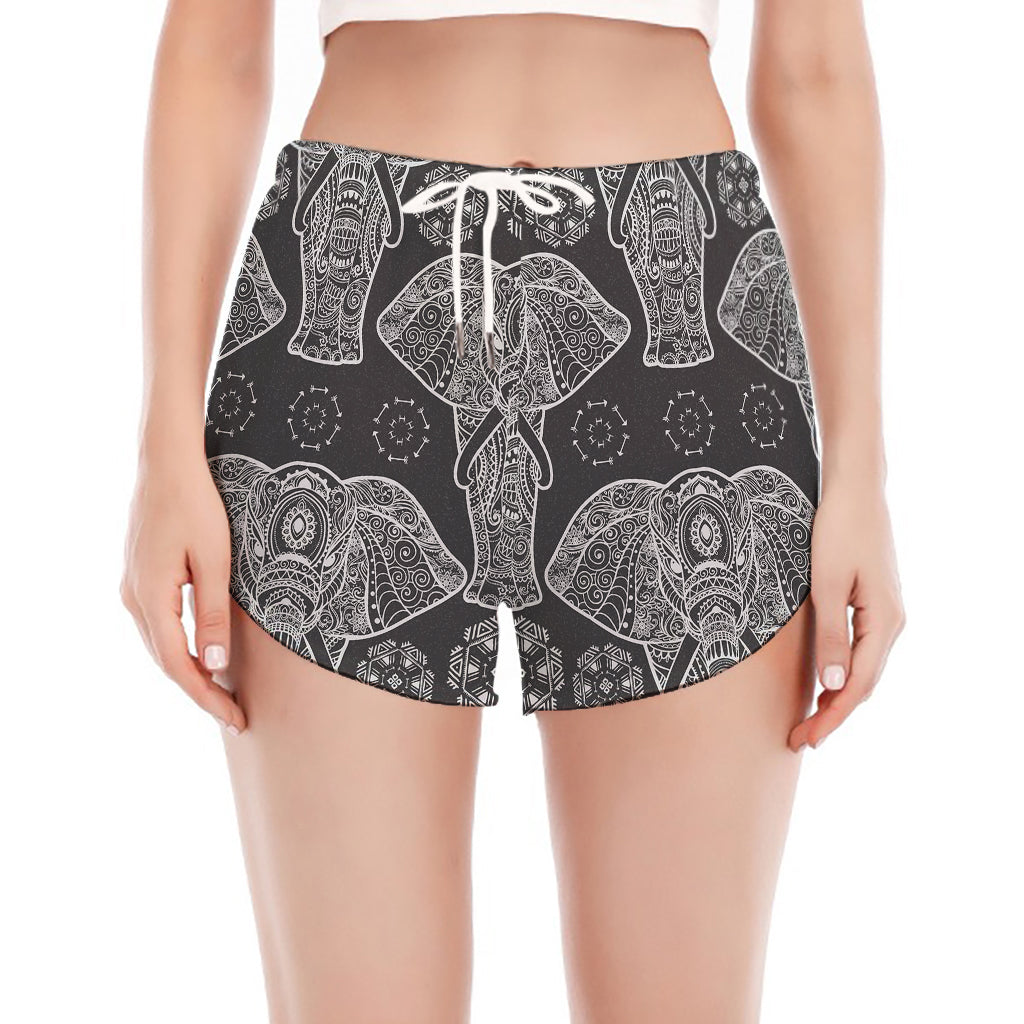 Black And White Boho Elephant Print Women's Split Running Shorts