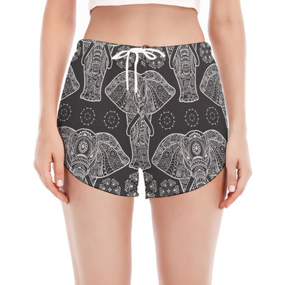 Black And White Boho Elephant Print Women's Split Running Shorts