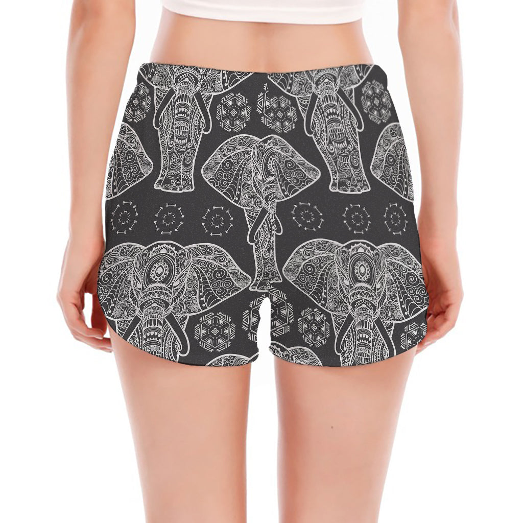 Black And White Boho Elephant Print Women's Split Running Shorts