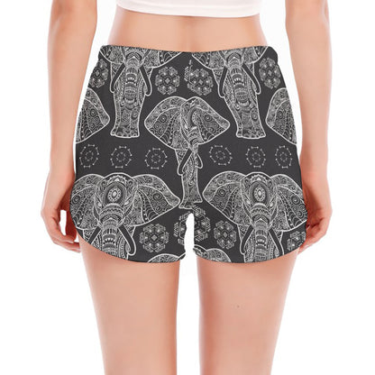 Black And White Boho Elephant Print Women's Split Running Shorts