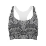 Black And White Boho Elephant Print Women's Sports Bra