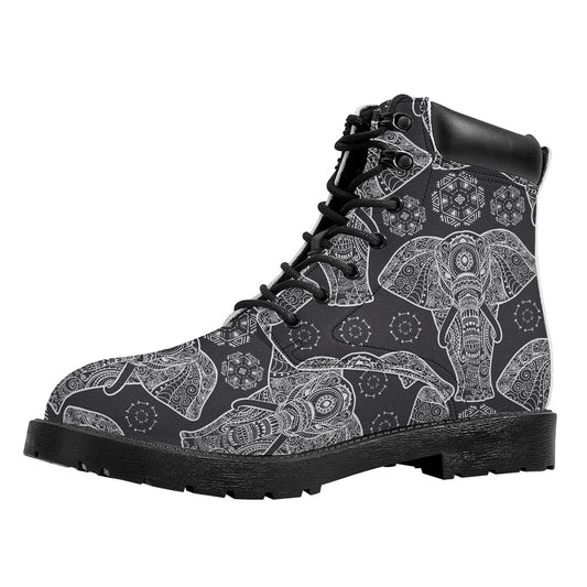 Black And White Boho Elephant Print Work Boots