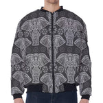 Black And White Boho Elephant Print Zip Sleeve Bomber Jacket