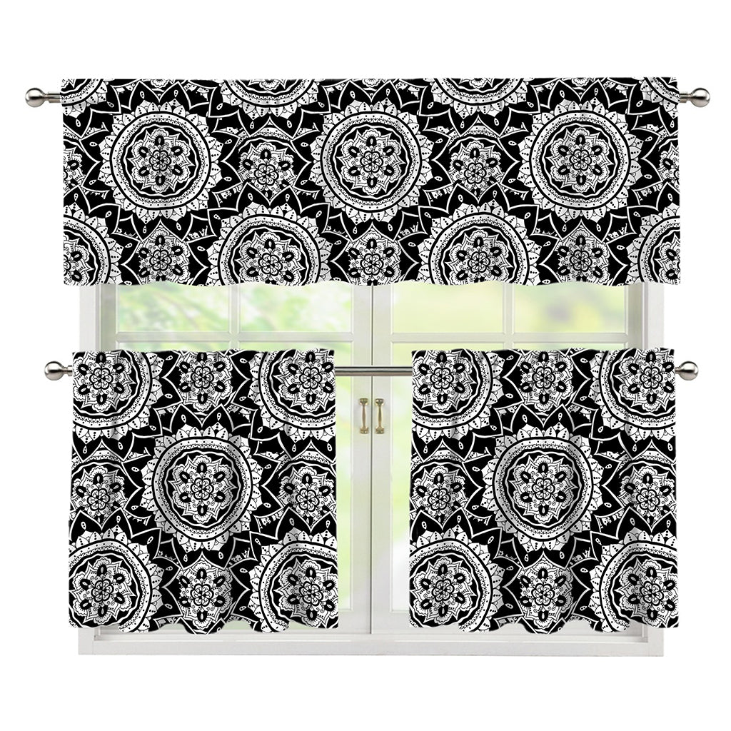 Black And White Boho Mandala Print 3 Piece Kitchen Curtains
