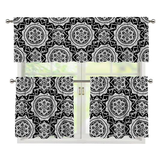 Black And White Boho Mandala Print 3 Piece Kitchen Curtains