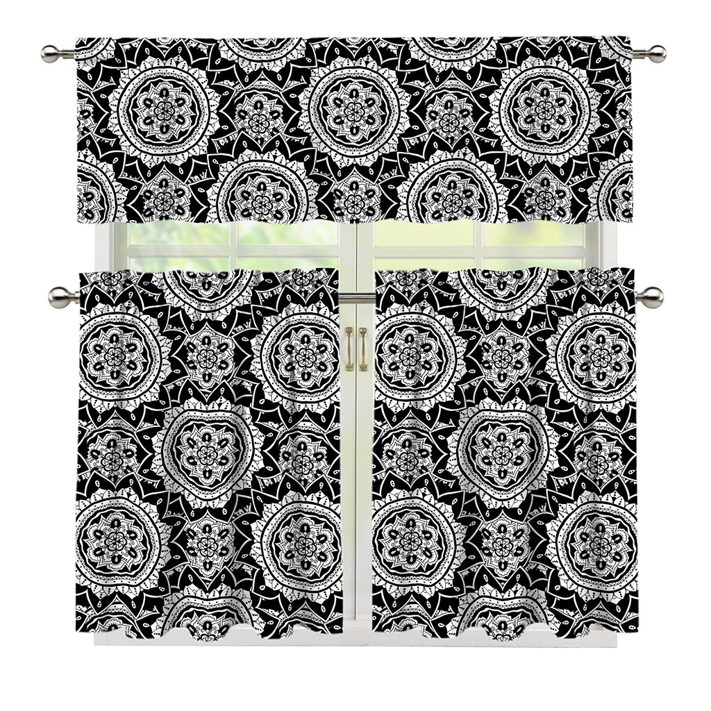 Black And White Boho Mandala Print 3 Piece Kitchen Curtains