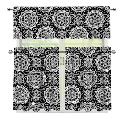 Black And White Boho Mandala Print 3 Piece Kitchen Curtains