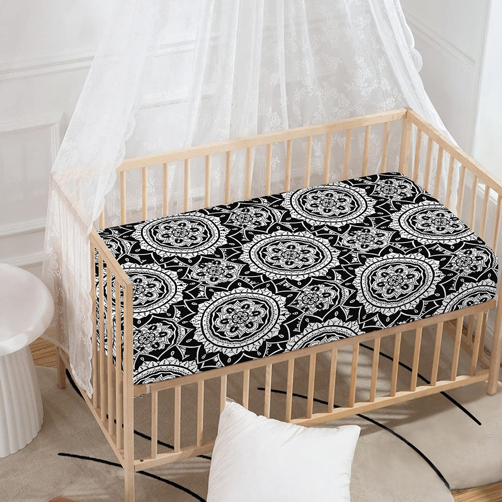 Black And White Boho Mandala Print Baby Crib Sheet