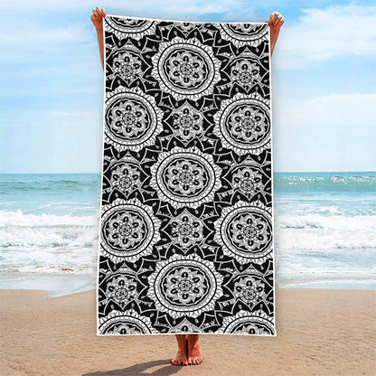 Black And White Boho Mandala Print Beach Towel