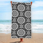 Black And White Boho Mandala Print Beach Towel