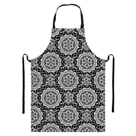 Black And White Boho Mandala Print Bib Apron With Pocket