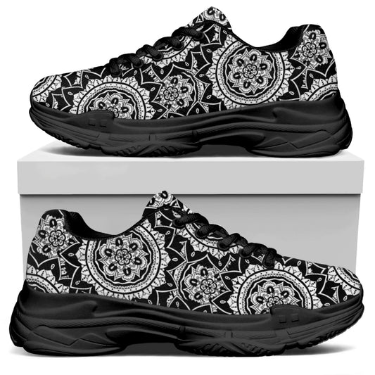 Black And White Boho Mandala Print Black Chunky Shoes