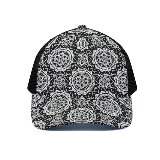 Black And White Boho Mandala Print Black Mesh Trucker Cap