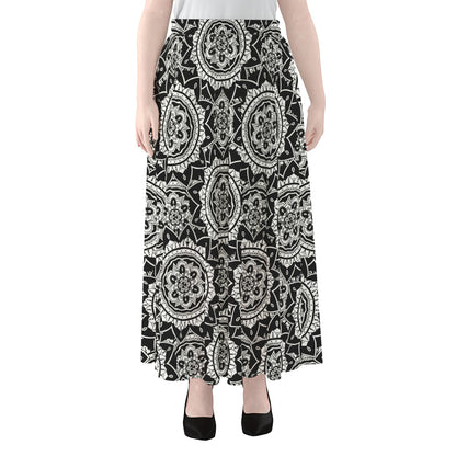 Black And White Boho Mandala Print Chiffon Maxi Skirt