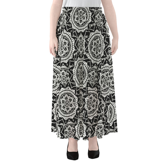 Black And White Boho Mandala Print Chiffon Maxi Skirt