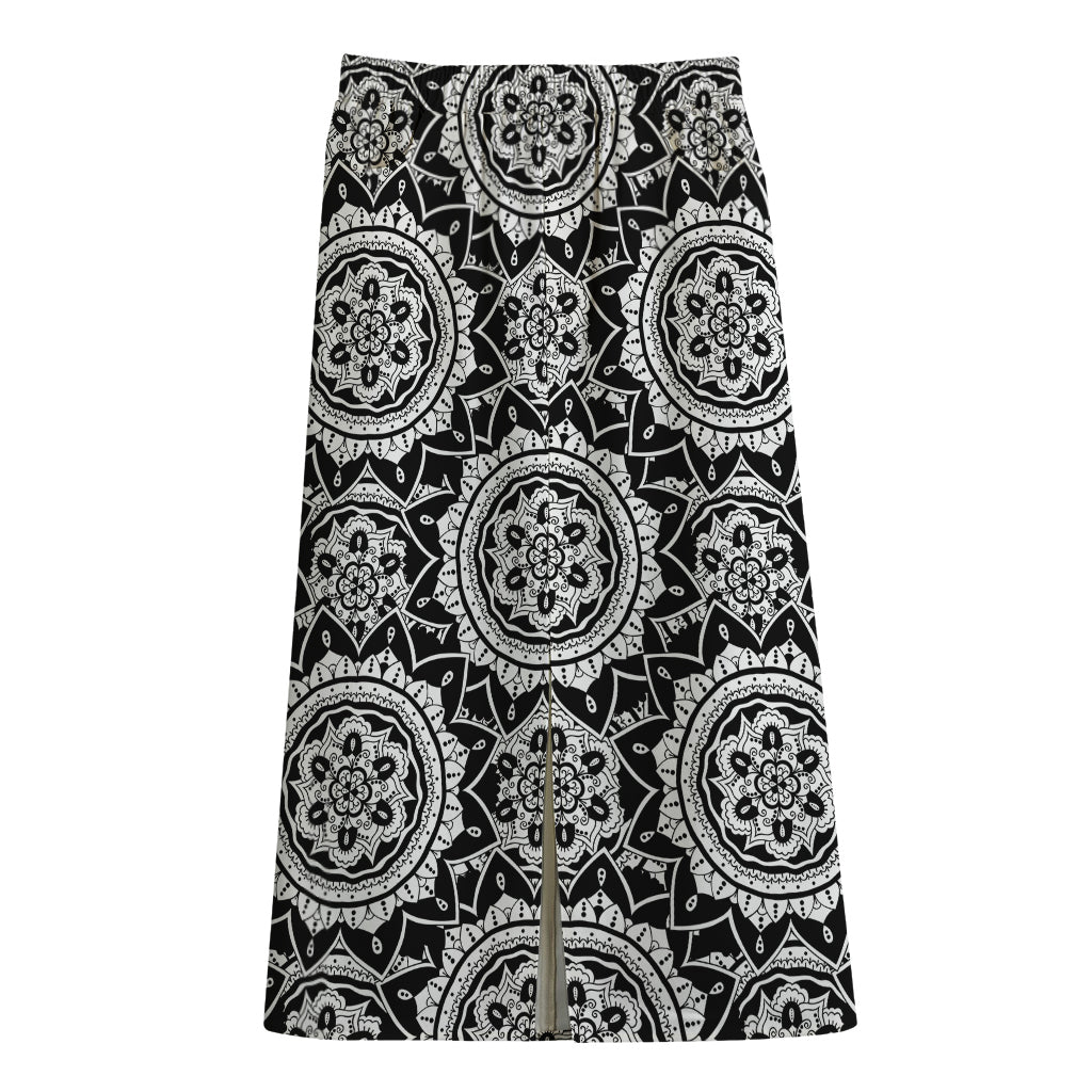 Black And White Boho Mandala Print Cotton Front Slit Maxi Skirt