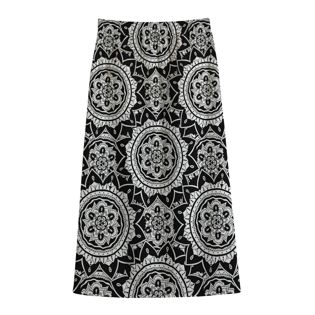 Black And White Boho Mandala Print Cotton Front Slit Maxi Skirt