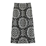 Black And White Boho Mandala Print Cotton Front Slit Maxi Skirt