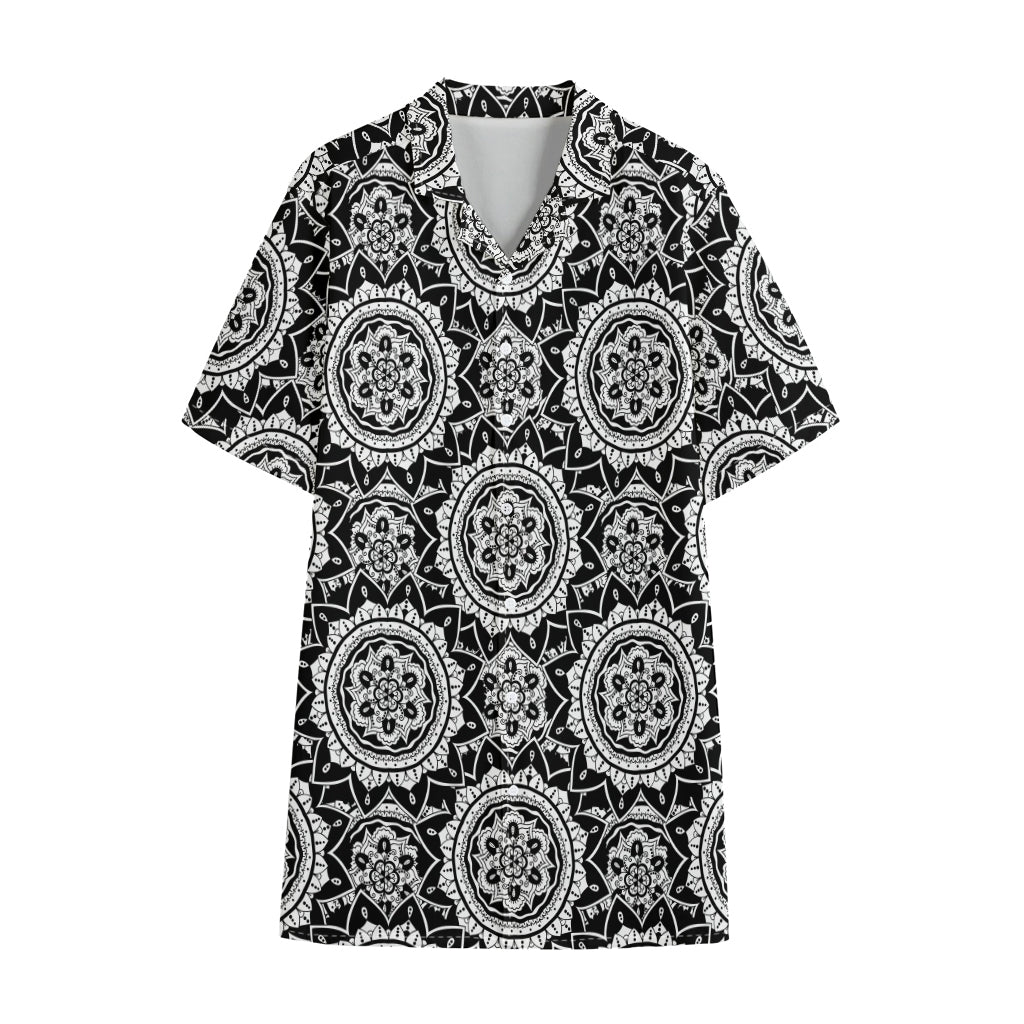 Black And White Boho Mandala Print Cotton Hawaiian Shirt