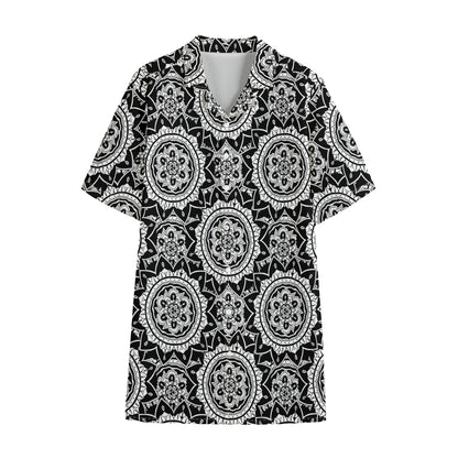 Black And White Boho Mandala Print Cotton Hawaiian Shirt