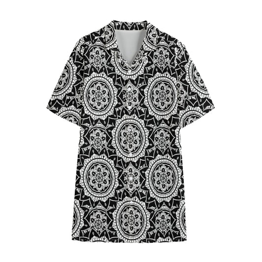 Black And White Boho Mandala Print Cotton Hawaiian Shirt
