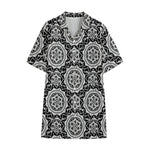 Black And White Boho Mandala Print Cotton Hawaiian Shirt