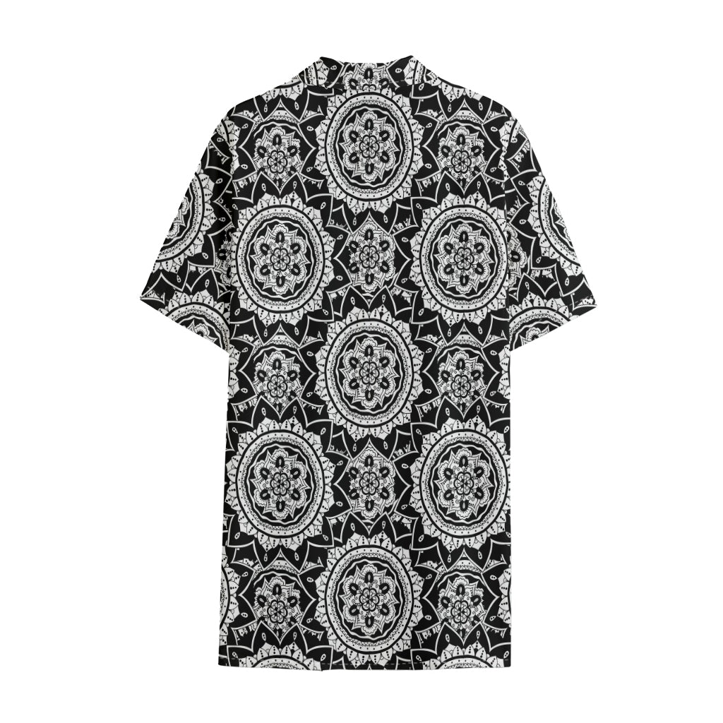 Black And White Boho Mandala Print Cotton Hawaiian Shirt