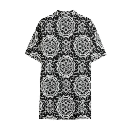 Black And White Boho Mandala Print Cotton Hawaiian Shirt