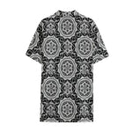 Black And White Boho Mandala Print Cotton Hawaiian Shirt