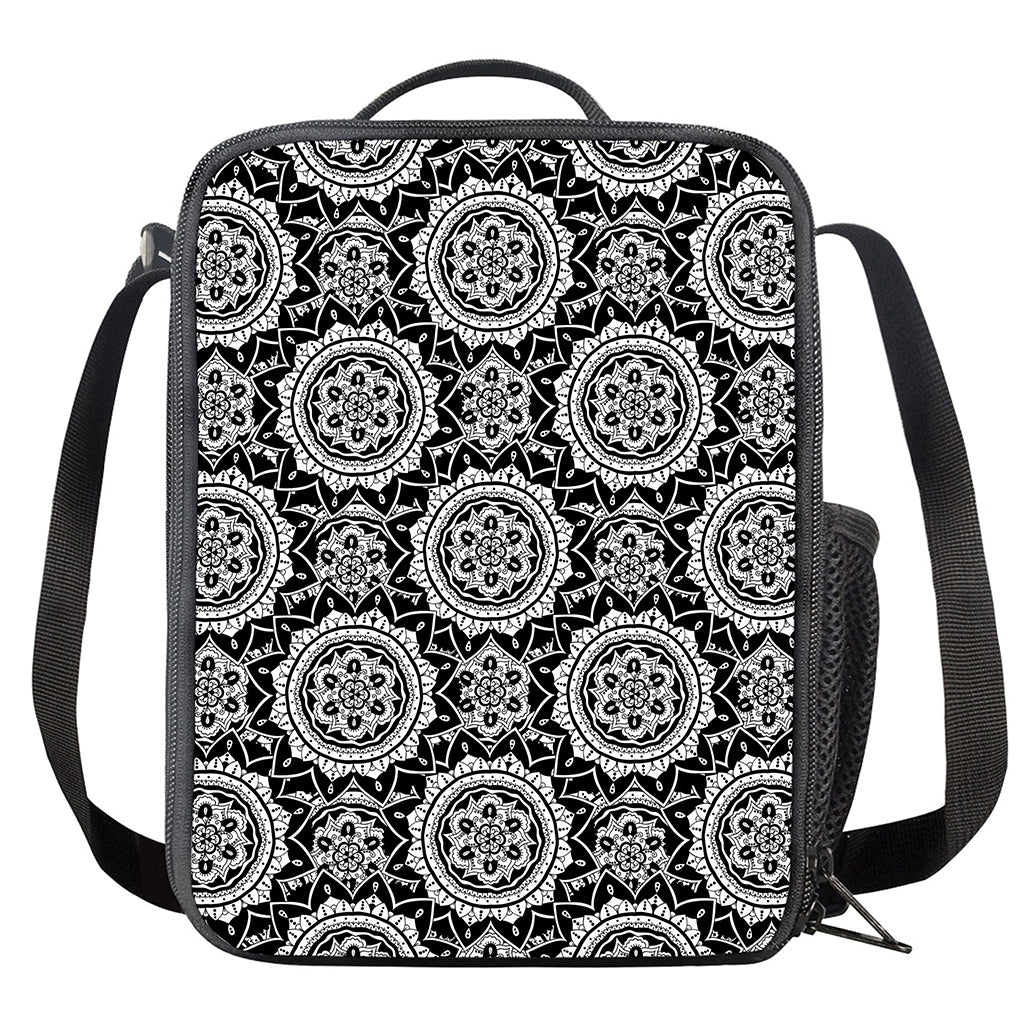 Black And White Boho Mandala Print Crossbody Lunch Bag