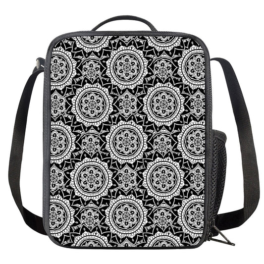 Black And White Boho Mandala Print Crossbody Lunch Bag