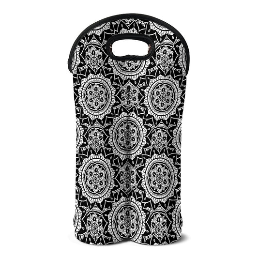 Black And White Boho Mandala Print Double Neoprene Wine Tote