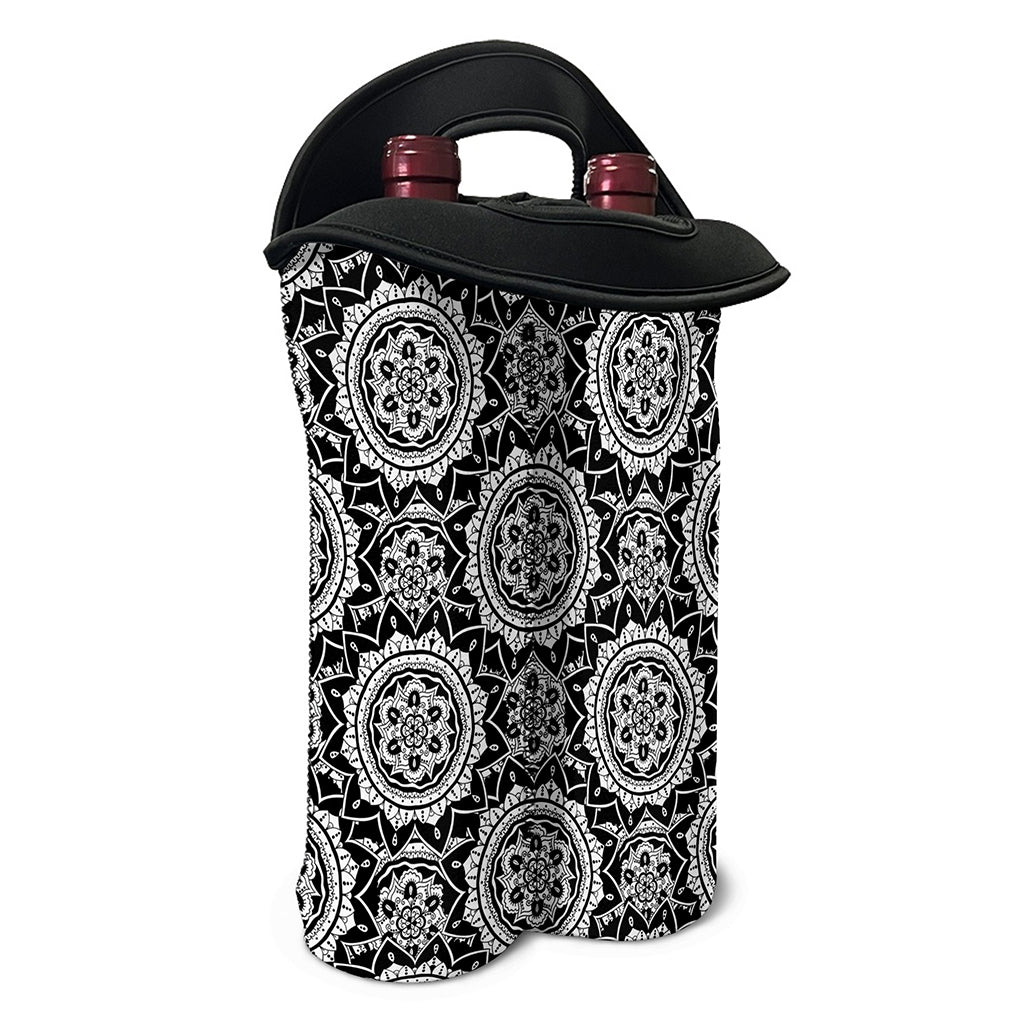Black And White Boho Mandala Print Double Neoprene Wine Tote