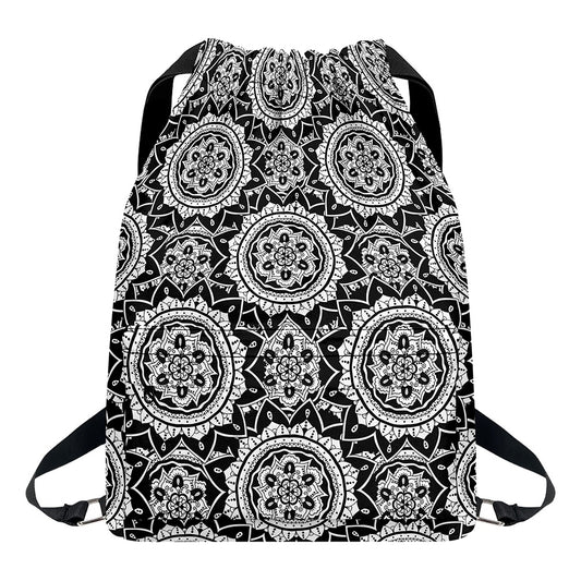 Black And White Boho Mandala Print Drawstring Backpack