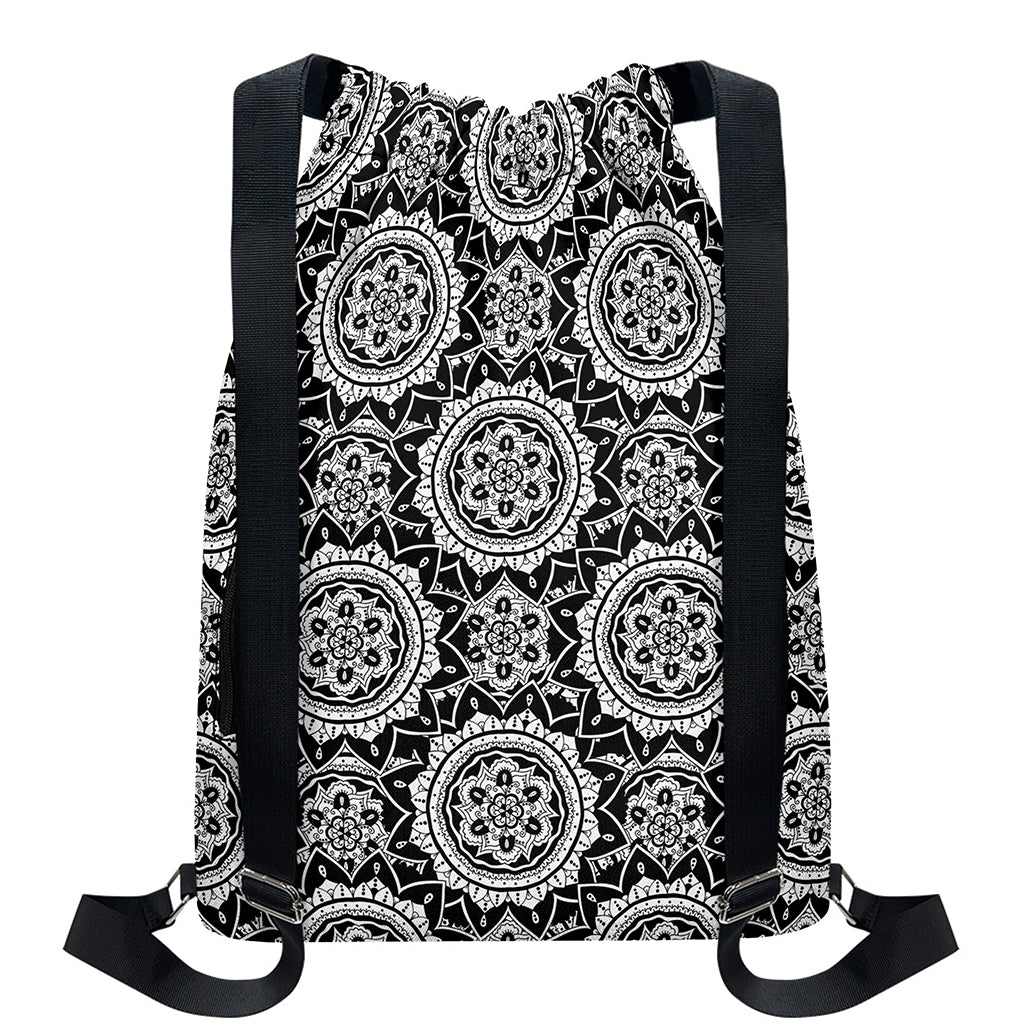Black And White Boho Mandala Print Drawstring Backpack